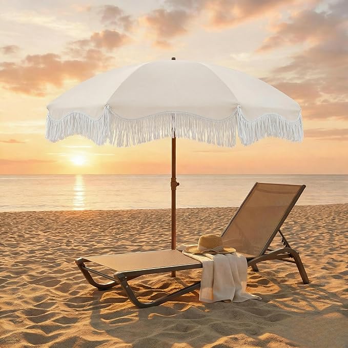 7FT Patio Umbrella with Fringe, Outdoor Tassel Umbrella with Fiberglass Ribs, Boho Beach Umbrella, Push Button Tilt and Carrying Bag, UPF50+