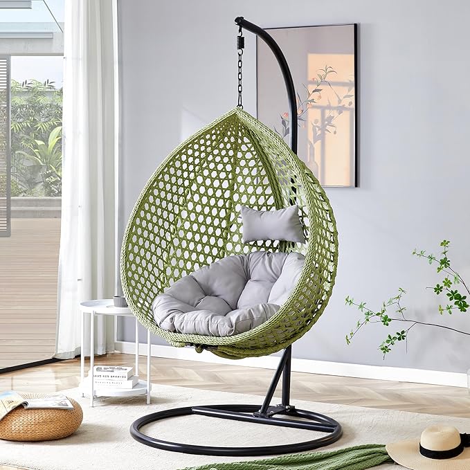 Hanging Egg Swing Chair with Stand, Rattan Wicker Hanging Egg Chair Hammock Indoor with Cushions, Swinging Chair for Bedroom Outdoor Patio Balcony Backyard Sunroom Heavy Duty 350LBS, Green
