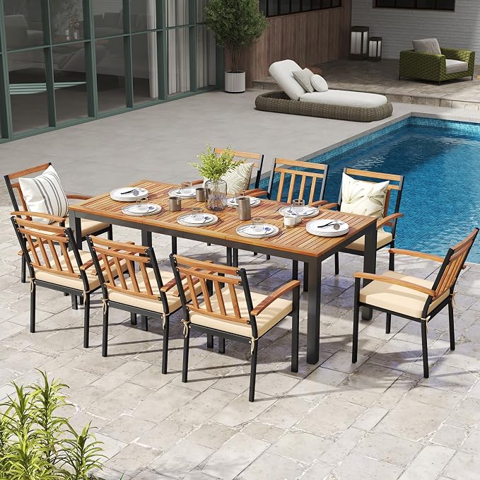 HAPPYGRILL Patio Dining Table for 8, 79" Large Rectangle Table with Acacia Wood Tabletop & Heavy Duty Metal Frame, Outdoor Dining Table with 2" Umbrella Hole for Backyard, Lawn & Garden