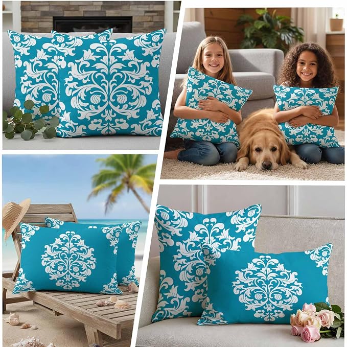 Outdoor Pillow Covers Set of 2, Abstract Minimalist Boho Blue Flower Decorative Throw Pillow Covers 16X16IN, Aesthetic Art Throw Pillows Protector Cushion Case for Patio,Couch,Sofa,Garden