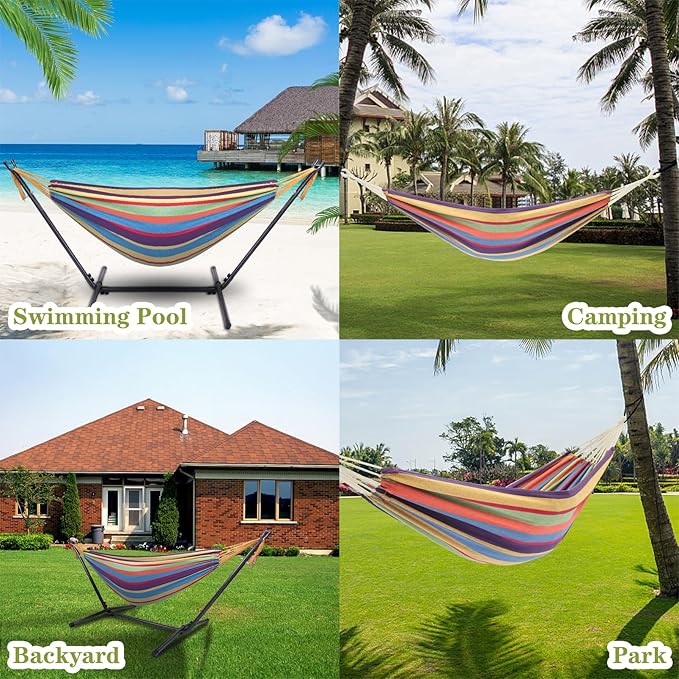 Hammock with Stand, Heavy Duty Hammock with Carrying Bag, Polyester Outdoor Leisure Hammocks for Outside Backyard, Camping, Garden, Yard, Patio, 250 lbs Weight Capacity (Colorful)