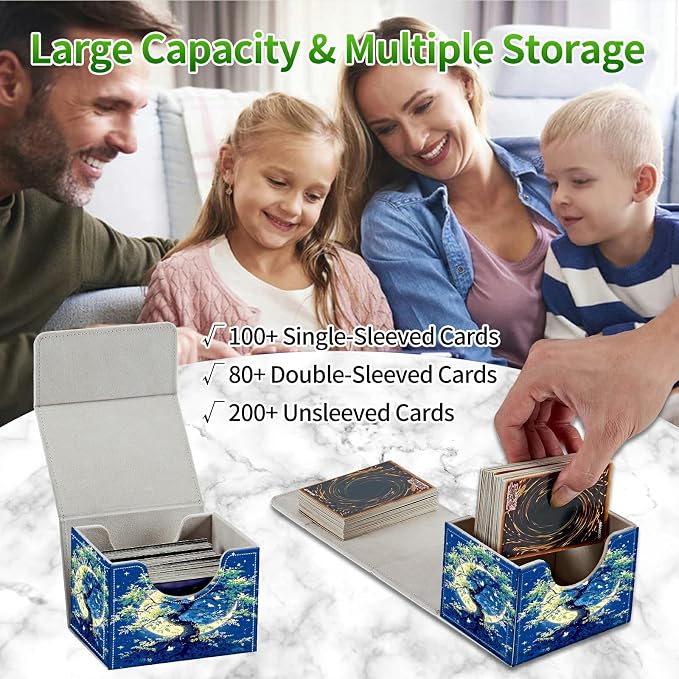 Card Deck Box for MTG, Cards Storage Box Fits 120+ Sleeved, Leather Small Size Strong Magnetic Closing Card Case for Board Games Magic TCG CCG Baseball Collection, Moon Green Tree