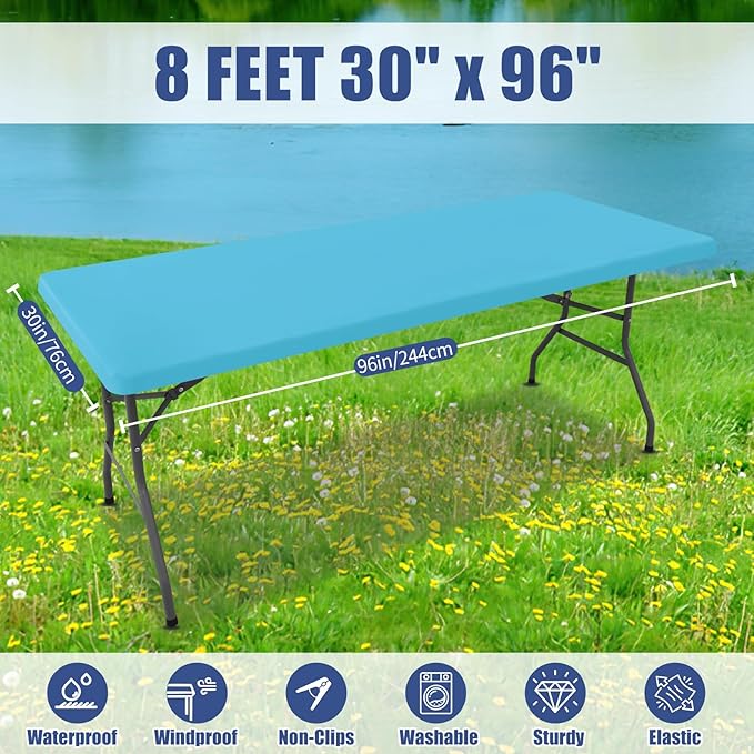 Moosfor Spandex 8 Foot Rectangle Table Cloth 2 Pack, Elastic Fitted Tablecloths for Picnic, Stretch Washable Patio Table Cover for Outdoor, Camping, Banquet and Parties (Blue Mist, 30"x96")
