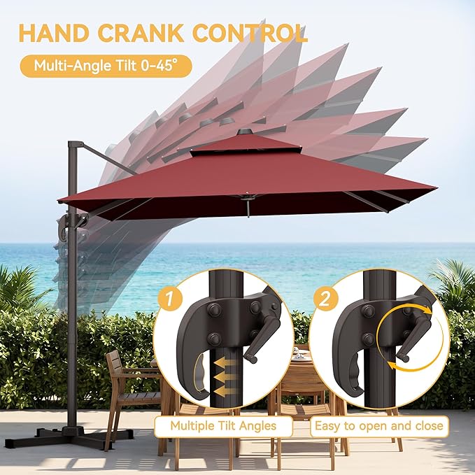 10x10 FT Patio Cantilever Umbrella (Base Not Included) (Base Not Included), Rectangular Heavy Duty Offset Umbrella for 6-8 People, 360°Rotation & Mult Tilt, Double Top Design, for Pool Garden Deck (Red)