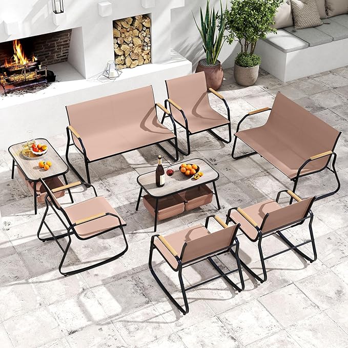 Tangkula 8 Pieces Patio Furniture Set with 2 Rocking Bistro Chairs, Outdoor Conversation Set with 2-Tier Coffee Table and Breathable Fabric Chairs for Porch, Garden, Lawn and Backyard (2, Brown)