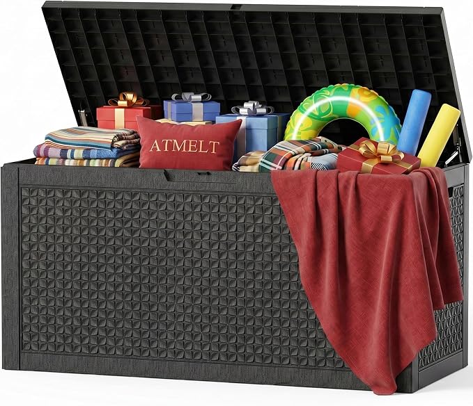 150 Gallon Outdoor Storage Box, Large Resin Deck Box Waterproof, Lockable Toy Storage Container, Storage Bins with Lids for Patio furniture, Garden Tool Box, Black