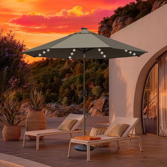 EliteShade USA 10-Year-Non-Fading 10ft Market Patio Umbrella, Commercial Grade Table Sun Umbrella with 80 Solar LED Lights, Crank Open, Windproof & UPF 50+ UV Protection for Garden, Deck, Pool, Backyard, Taupe