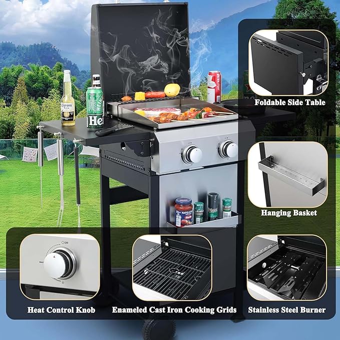 2-Burner Propane Gas BBQ Grill with Wire Enamel Cooking Grids & SS Plancha, 24,600 BTU Output Stainless Steel Grill with Foldable Side Table and Hanging Basket for Outdoor Backyard Barbecue