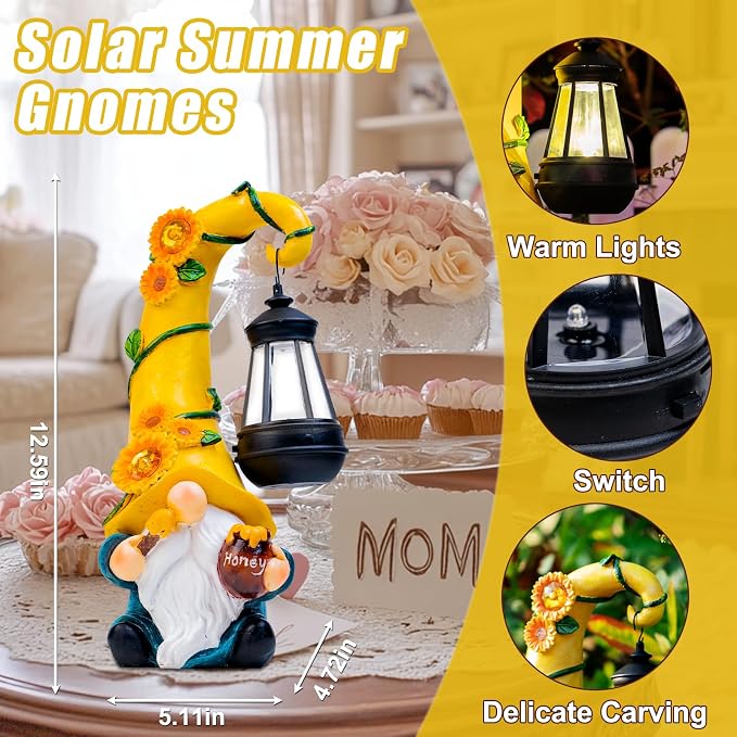 twinbling Birthday Gifts for Women Mom Garden Gnome Statue | Solar Lights Large Garden Sculptures Funny Bee Gnome Outdoor Patio Lawn Yard Garden Decor 12 in Summer Gnomes Outdoor