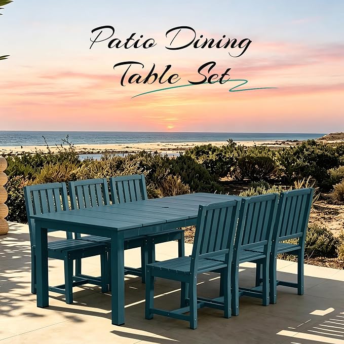 PLUUV 7-Piece Outdoor Dining Set – HDPE Patio Furniture with Umbrella Hole Table, Aluminum Legs, and 6 Armless Chairs, Weatherproof & Easy-Clean for Backyard, Garden, Navy Blue