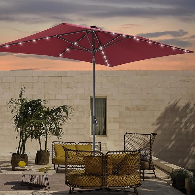 Rectangle Patio Umbrella with Solar Lights, 6x9ft Outdoor Rectangular Table Market Umbrella Patio with Push Button Tilt and Crank for Pool, Deck, Garden,Backyard