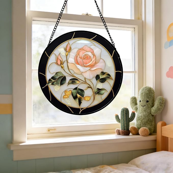 Stained Glass Window Hanging - Black White Pink Rose Sun Catcher for Door Home Decor Flower Suncatcher Christmas Mother's Day Birthday Gifts for Women Men Lovers Mom Nana 11.8 in