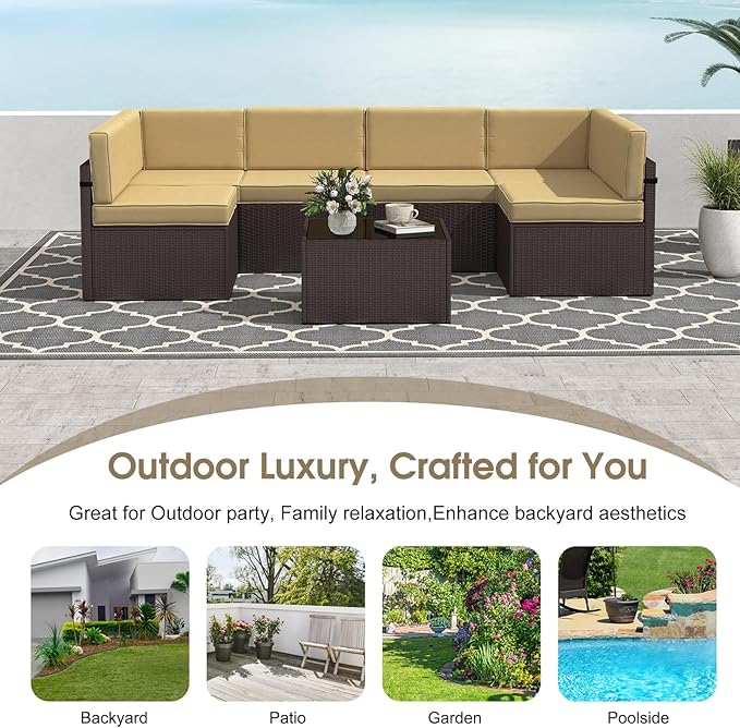 kinbor 7 Piece Outdoor Furniture Set - Waterproof Brown PE Wicker Patio Sofa with Cushions for Backyard, Poolside & Porch, Khaki