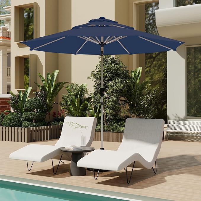 9FT 3-Tier Aluminum Outdoor Patio Umbrella, Fade-Resistant Market Umbrella with Push Button Tilt Function, 8 Sturdy All-Aluminum Ribs for Gardens, Patios, Backyards & Pools