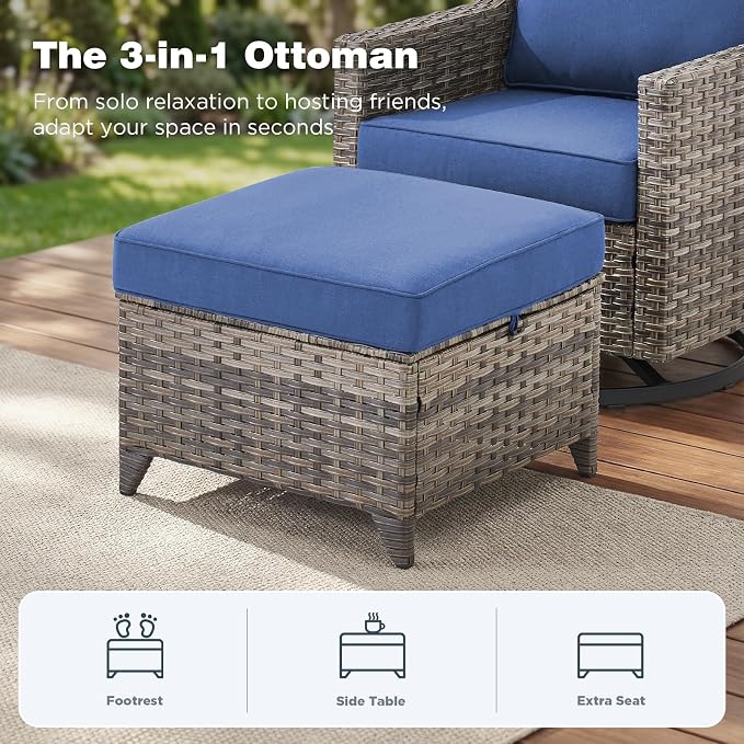 Belord Patio Wicker Swivel Rocker Patio Chairs with 3-Seater Sofa and Propane Fire Pit Table, Outdoor Furniture Set for Deck Porch Poolside, 8 Piece Patio Conversation Furniture Set,Blue