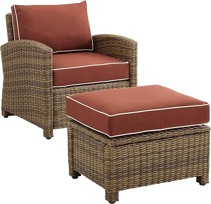 Crosley Furniture Bradenton 2-Piece Outdoor Chair and Ottoman Set, Wicker Patio Conversation Sets for Porch, Brown with Sangria Cushions
