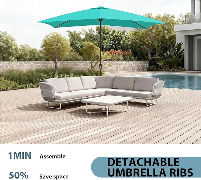 6.5x10FT Rectangular Patio Umbrella with Push Button Tilt & Crank Lift for Garden,UV Protection Outdoor Umbrella for Deck,Pool and Yard,Turquoise