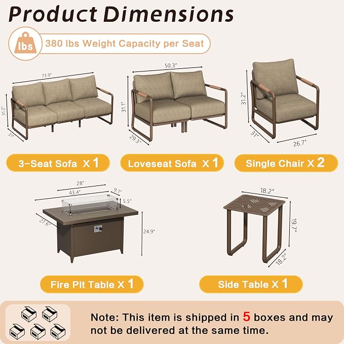 7-Seat Aluminum Patio Conversation Set, Modern Outdoor Sofa with Oversized Fire Pit Table (Glass Wind Guard), 6.5" Thick Cushions, All-Weather for Balcony, Garden (Brown)