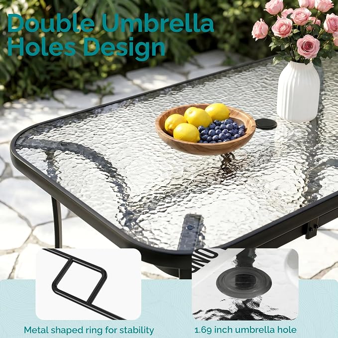 MAMIZO 7 Pieces Patio Dining Set for 6, Outdoor Table and Chairs w/Rectangle Glass Table and 6 Textilene Stackable Chairs, Patio Furniture Set w/1.69" Umbrella Hole (Black Table & Navy Blue Chair)
