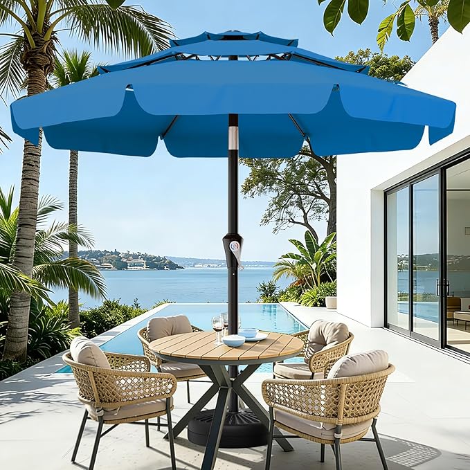 AreShark 10FT 3-Tiers Patio Umbrella with Valance, Outdoor Umbrellas with Crank/Tilt, Table Market Umbrella Vented w/ 8 Sturdy Ribs for Garden, Deck, Backyard, and Pool, Royal Blue