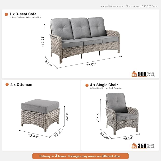 7-Piece Outdoor Patio Furniture Set with Ottomans 3 Seater Couch,All Weather Wicker Rattan Patio Seating Sofa and Chair Set with Ottomans,Outdoor Conversation Sets for Porch Deck Yard,Grey