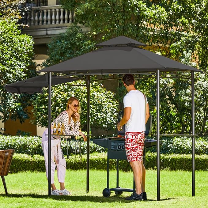 FAB BASED 5x8 Grill Gazebo with Extra Awning, All-Weather Steel Construction, Double Tiered & Resistant Canopy Roof, Metal Serving Shelves, 2 LED, Bottle Opener for Patio, Backyard, BBQ (Dark Gray)