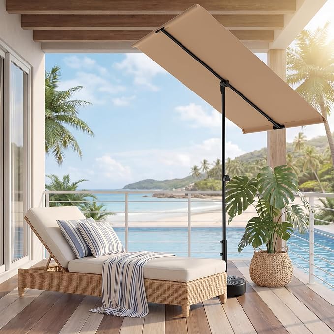 HOMSHADE 6x4ft Outdoor Balcony Umbrella - Flat Porch Pool Patio Umbrella Rectangular Canopy Shade UPF50+ UV Protection 360° Rotating & Tilting All Angles Applicable (Beige, No Base)