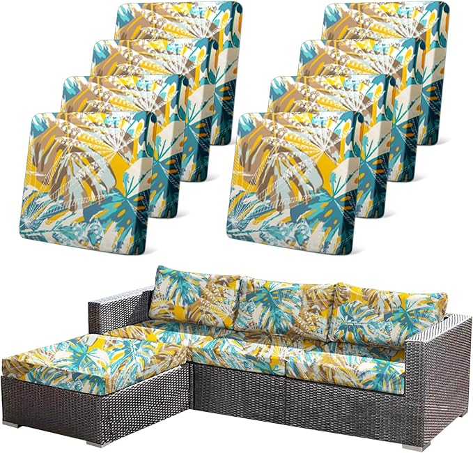 CALBODE 8pcs Outdoor Tropical Plant Printed Sofa Seat Cushion Covers Strechable, Dustproof Elastic Half-Covered Sofa Covers Washable Reusable Patio Furniture Protector（Blue and Yellow, Cover Only）