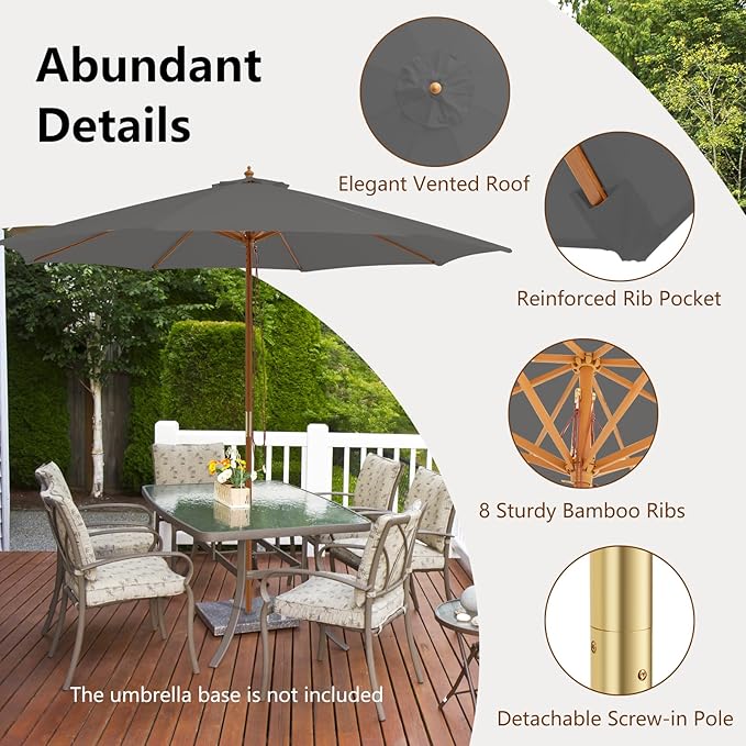 HAPPYGRILL 10 FT Wooden Patio Umbrella with Rope Pulley Lift, 8 Bamboo Ribs, 3 Adjustable Heights, Vented Roof, Outdoor Table Umbrella for Garden Poolside Backyard (Grey)
