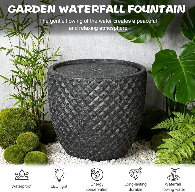 Generic 14 Inch Water Fountain Outdoor Garden Modern Bubble Water Features Round Stone with LED Lights & Pump for Garden Patio Decor Porch