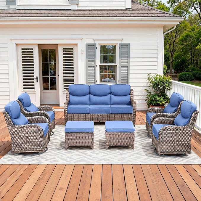 Luxury High Back Patio Furniture Set with 6-Inch Thick Cushions, 7-Pieces Outdoor Furniture with Swivel Chairs, Wicker Conversation Set for Porch, Balcony, Deck and Yard, Brown/Blue