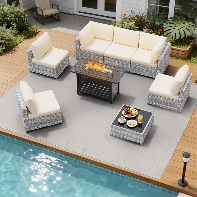 LOUVIXA 8 Piece Outdoor Patio Furniture Set, Outdoor Sectional Sofa with Firepit Table, Wicker Rattan Patio Furniture, Patio Conversation Set with Coffee Table & Cushions
