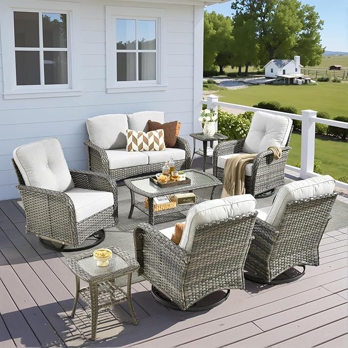 8 Pieces Outdoor Patio Furniture Set with Coffee Table, All Weather Wicker Patio Conversation Sets with Rocking Chairs, Balcony Furniture Sets for Backyard, Garden, Poolside, Grey