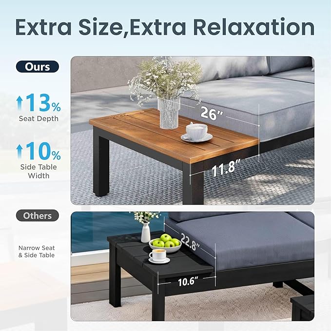 PHI VILLA Outdoor Sectional Furniture Set,9 Pieces Metal Patio Sectional Outdoor Couch Set,Modern Patio Conversation Sets with Coffee Table,Thickened Cushion,for Poolside and Backyard,Light Grey