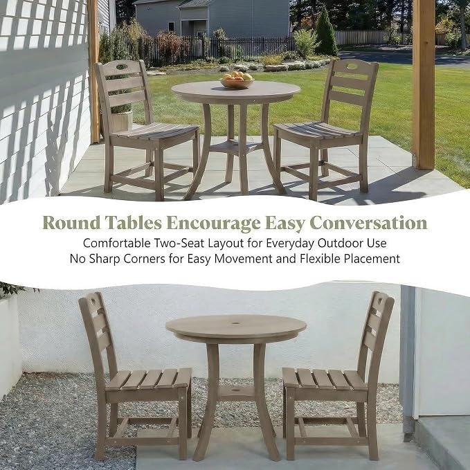 3-Pcs Outdoor Patio Dining Table Set of 3, Outdoor Patio Round 29.72'' Dining Table Bistro Set and Armless Chair for Garden Backyard, HDPE Material & 1.96'' Umbrella Hole, Antique Brown