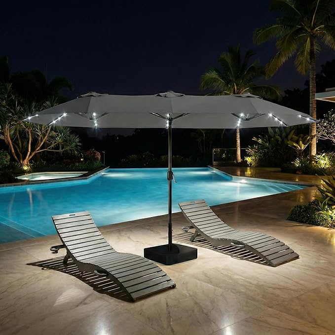 15ft Large Patio Umbrella with Solar Lights and Base, Double-Sided Outdoor Rectangle Umbrella with 48 LED Lights, Market Table Umbrellas with UV Resistant Canopy, Gray