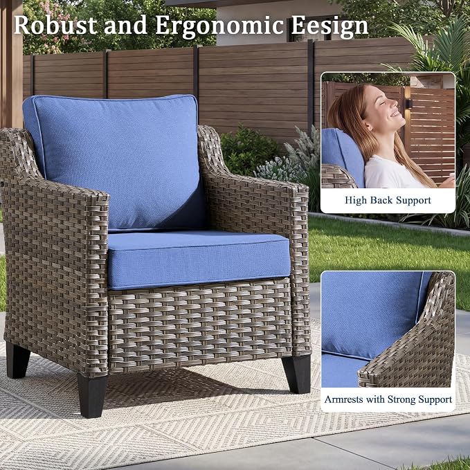 Luxury Patio Furniture Sofa Set - 7 Pieces All Weather Wicker Outdoor Couch and High Back Patio Chairs with Sofa & footstools for Deck Yard and Poolside Gray Wicker | Blue Cushions