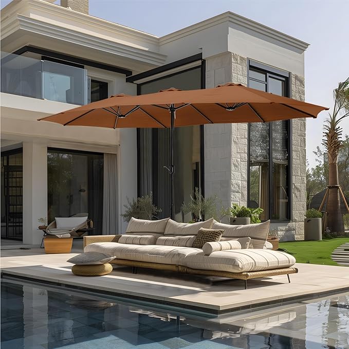 GREEN PARTY 15 ft Rectangular Patio Umbrella with Base Included, Large Double-Sided Outdoor Table Umbrella with Crank, 1.9" Pole UPF 50+ UV Resistant for Pool Deck Backyard Garden, Tawny