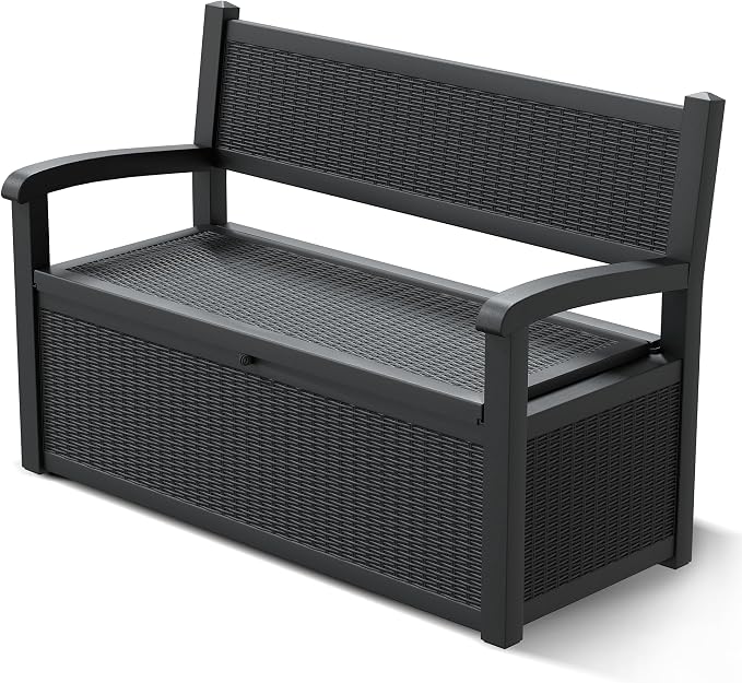 NUNU LAB 70 Gallon Outdoor Storage Bench Deck Box, Lockable Patio Furniture,Resin Outdoor Bench with Armrest,Waterproof Garden Decor,outdoor storage box,for Garden Tools,Cushions and Pool Supplies