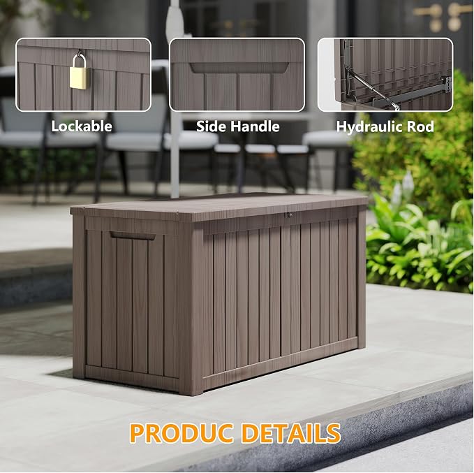 180 Gallon Deck Boxes Outdoor Waterproof, Outdoor Storage Box with Lockable Lid & UV-Resistant for Patio Furniture, Outdoor Cushions, Garden Tools and Pool Supplies, Light Brown