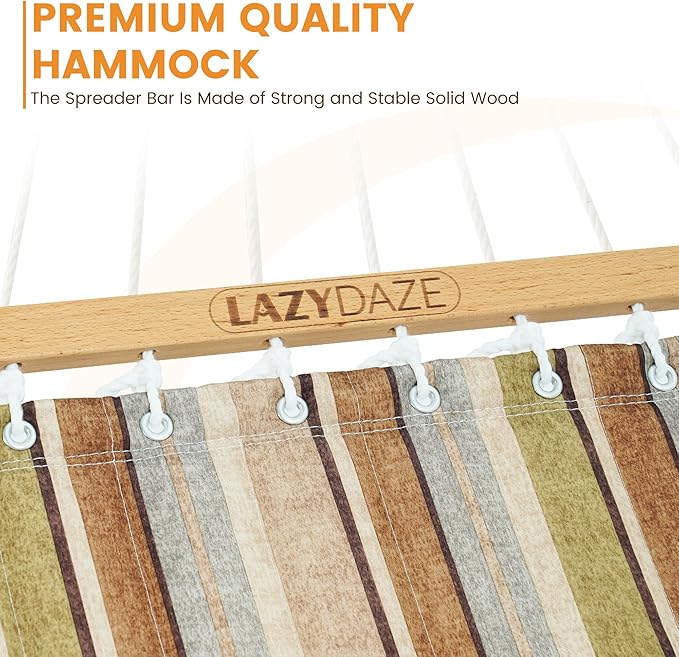 Lazy Daze Hammocks 12 FT Quilted Fabric Double Hammock with Spreader Bars and Detachable Pillow, 450lbs Weight Capacity, Brown Stripe