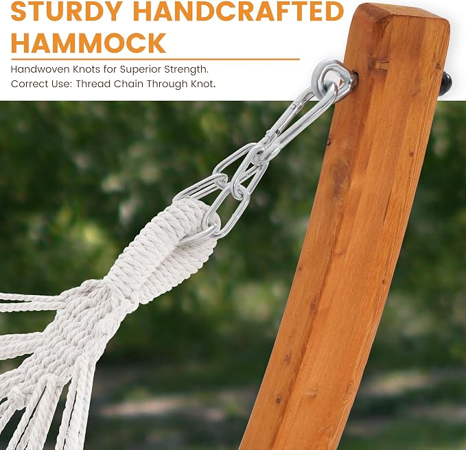 Lazy Daze Hammocks Cotton Fabric Spreader Bar Hammock and 10.5 Ft Wood Arc Hammock Stand Combo, for Indoor, Outdoor,Patio, Backyard, Blue and Cyan