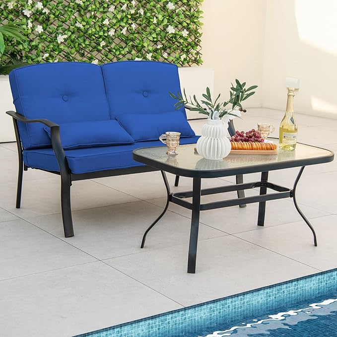 Tangkula 2 Piece Patio Furniture Set, Outdoor Loveseat Chair Set with Seat Back Cushions & Waist Pillows, Tempered Glass Coffee Table, Heavy-Duty Metal Sofa Set for Yard Garden Balcony Poolside