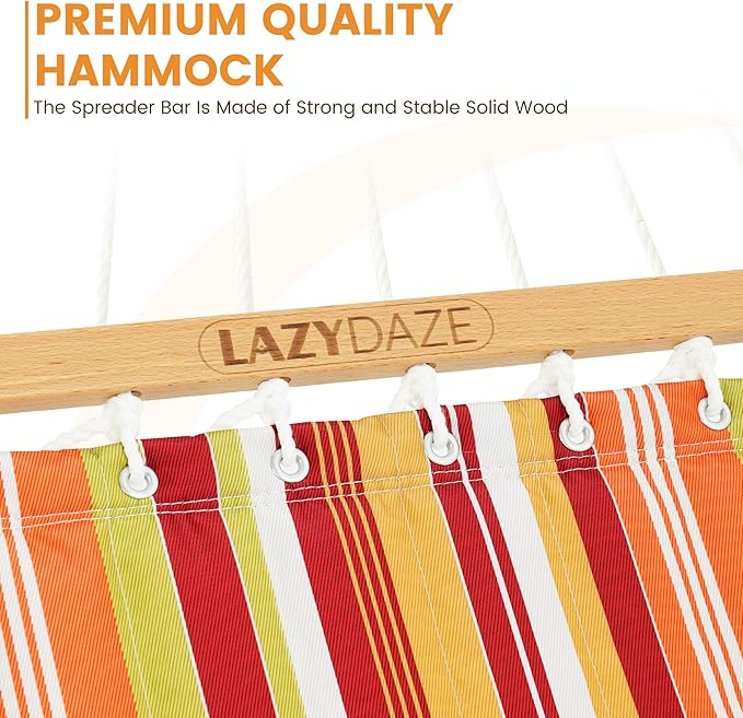 Lazy Daze Hammocks 12 FT Quilted Fabric Double Hammock with Spreader Bars and Detachable Pillow, 450lbs Weight Capacity, Vivid Stripe