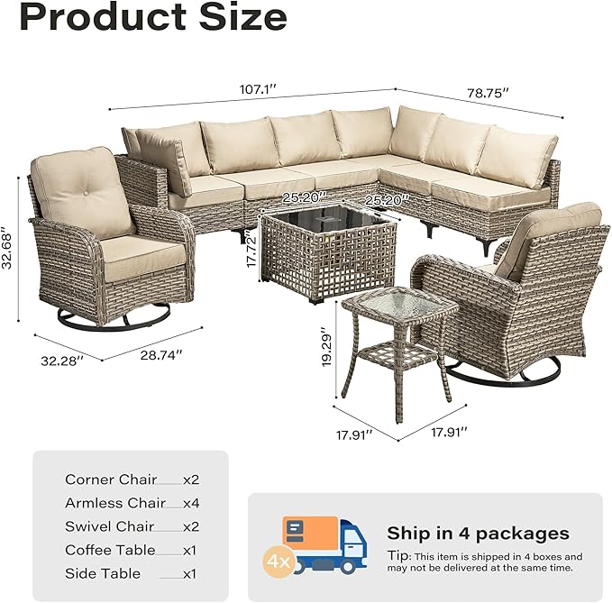 10 Pieces Outdoor Sectional Patio Furniture Set with Swivel Rocking Chairs,Wicker Conversation Sets Rattan L Shaped Couch,Modular Outdoor Sofa for Porch Balcony Backyard Beige