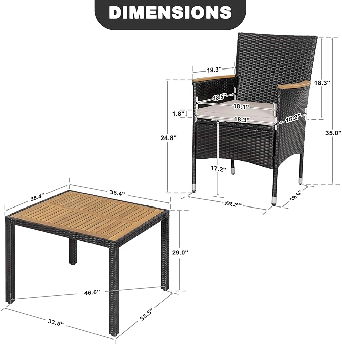 NUU GARDEN 5 Piece Patio Dining Set, Acacia Wood Table and Wicker Dining Chairs with Cushions, All Weather Outdoor Furniture for Balcony Garden Poolside, Black