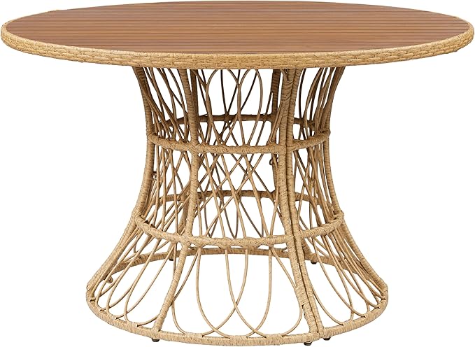 Merax 5-Piece Outdoor Dining Set, 47.24'' Round Acacia Wood Table & 4 Wicker Armchairs, Patio Furniture Set for Garden Balcony Deck, Teak Finish