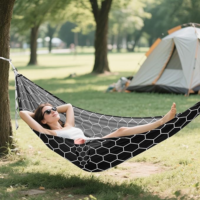 Camping Hammock Outdoor Hammocks for Outside Hexagonal Grid Black Beach Trees Portable Lightweight with Pockets Tree Straps Indoor