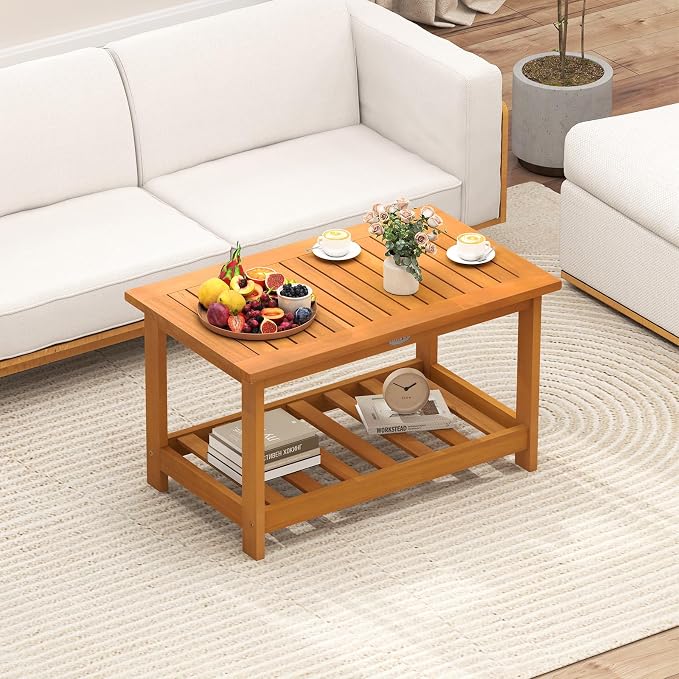 HAPPYGRILL Patio Acacia Wood Side Table with Storage Shelf, Outdoor Coffee Table for Garden, Balcony, Deck, Poolside