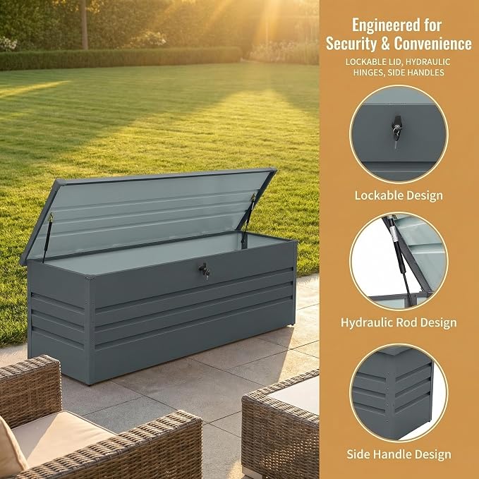 260 Gallon Metal Outdoor Storage Box, Large Patio Storage Container | Lockable Deck Box, Hydraulic Lid, Weather Resistant, For Furniture Cushions, Garden Tools, Pool Accessories